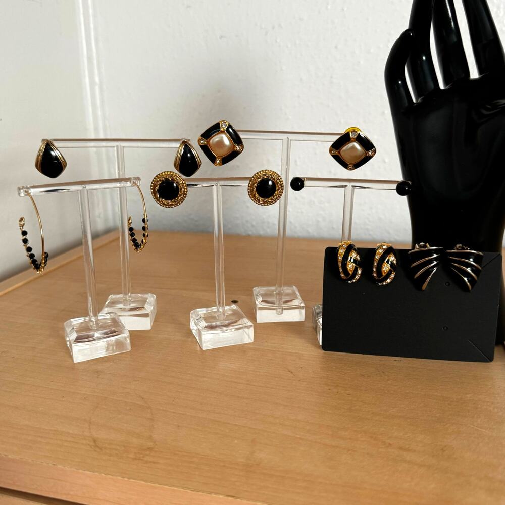 Vintage Earring Lot Black Enamel Pearl Gold Plated Womens Fashion Jewelry Set